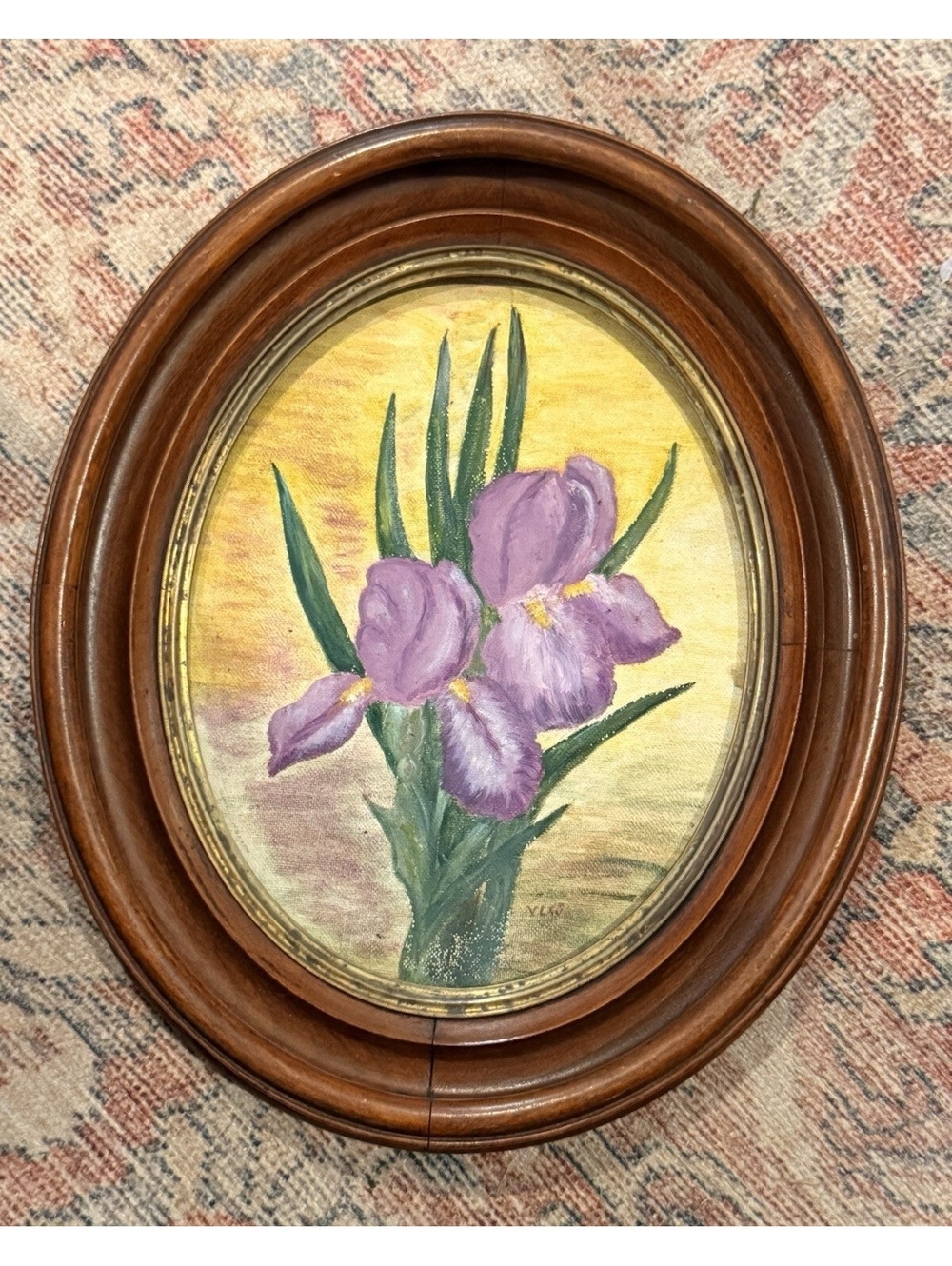 V. Lee Floral Still Life Painting on Canvas, Framed Oval, Signed